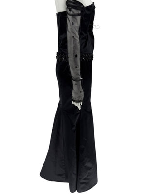 Pamella Roland Black Strapless Evening Dress Embellished Waist Sheer Sleeve Formal Gown - Size 6