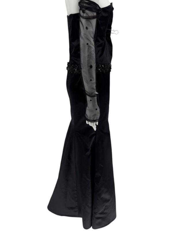 Pamella Roland Black Strapless Evening Dress Embellished Waist Sheer Sleeve Formal Gown - Size 6