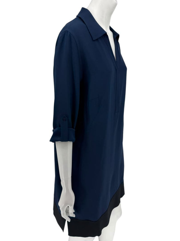 Akris Punto Navy Blue Viscose Acetate Tunic Dress Black Hem Roll Tab Sleeve - US 10