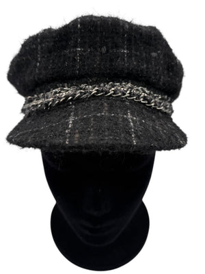 CHANEL Black Tweed Newsboy Cap with Signature Chain Trim