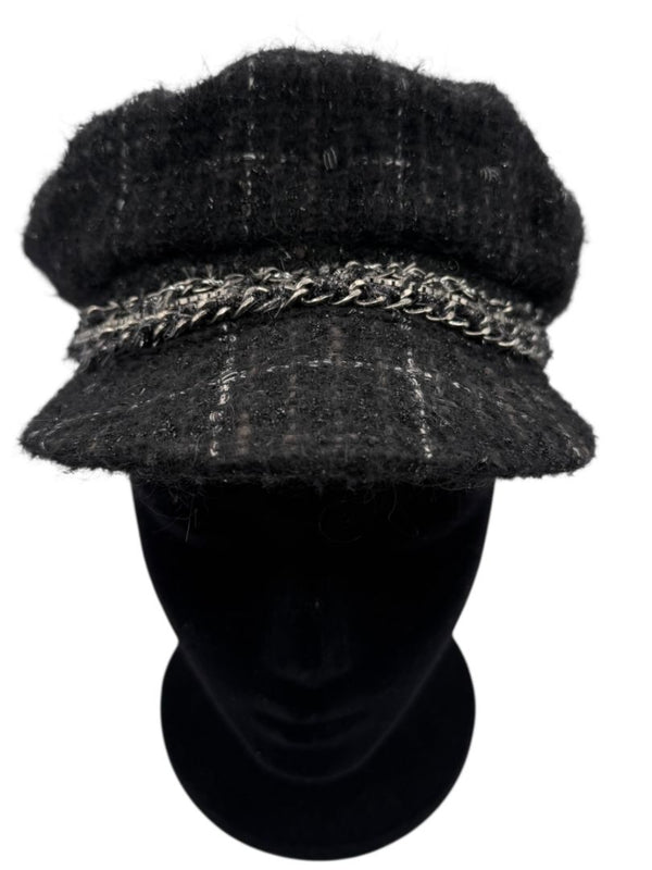 CHANEL Black Tweed Newsboy Cap with Signature Chain Trim