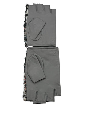 Karl Lagerfeld Gray Leather & Tweed Cutoff Gloves – Size S/M
