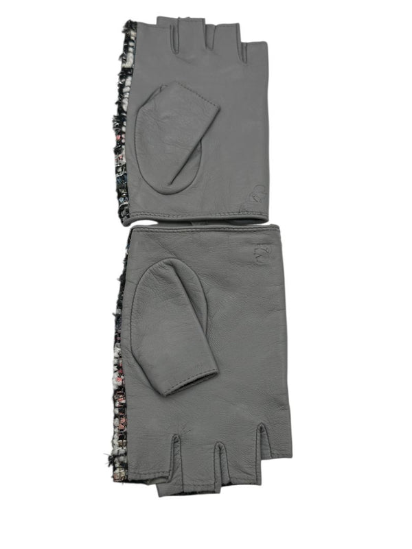 Karl Lagerfeld Gray Leather & Tweed Cutoff Gloves – Size S/M