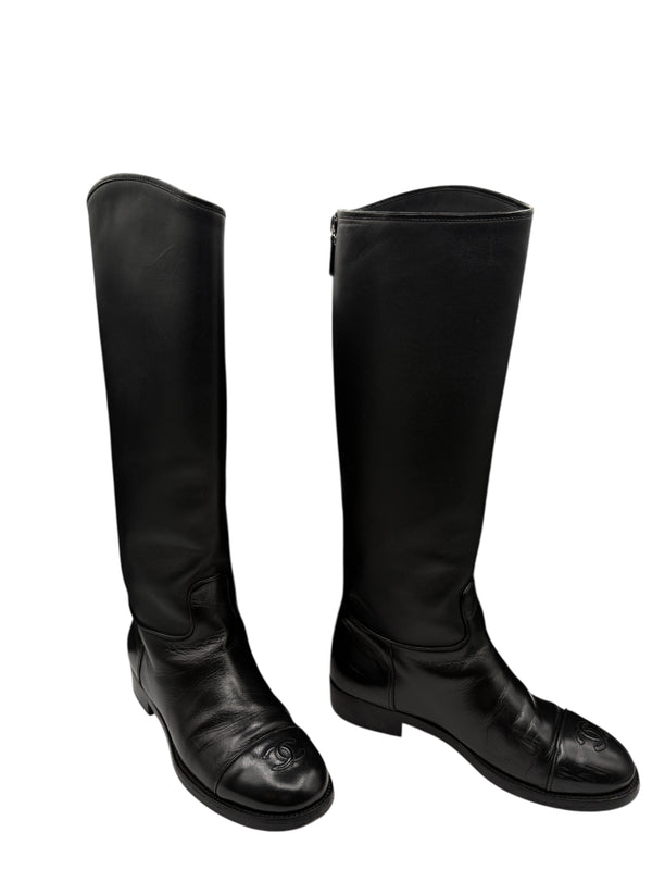Chanel CC Captoe Black Leather Riding Boots – Size 36.5