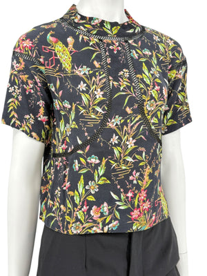 Vivienne Tam Black Floral & Peacock Print Mesh-Trim Top – Size 0