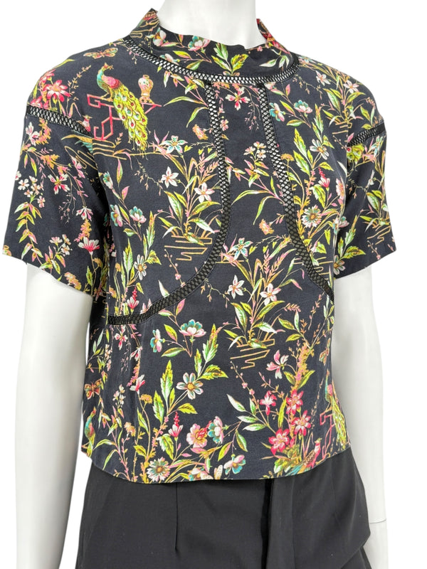 Vivienne Tam Black Floral & Peacock Print Mesh-Trim Top – Size 0