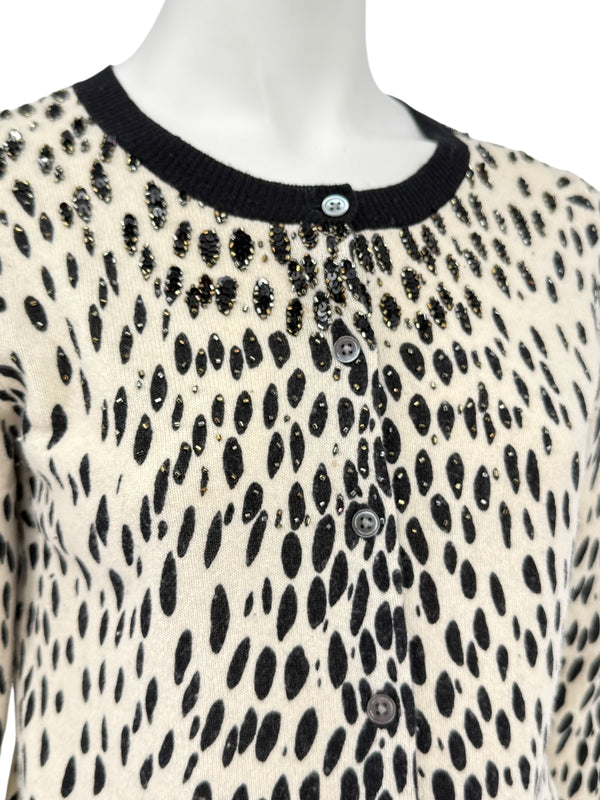 DKNY Cream & Black Leopard-Print Beaded Cardigan – Size: Small