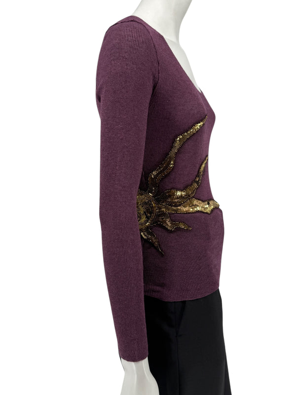 Roberto Cavalli Eggplant Cardigan with Beaded Oversized Sun Accents – Size: S
