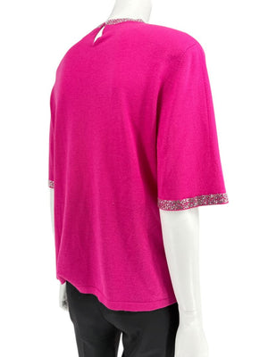 Neiman Marcus Cashmere Collection Fuchsia Embellished Short-Sleeve Sweater – Size XL