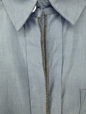 Brunello Cucinelli Light Blue Cotton Button-Front Shirt with Monili Trim – Size XL