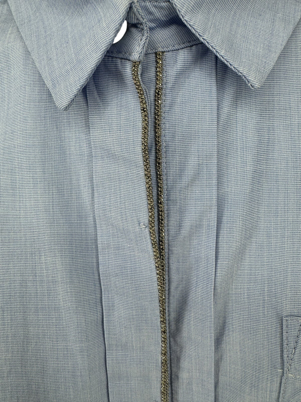 Brunello Cucinelli Light Blue Cotton Button-Front Shirt with Monili Trim – Size XL
