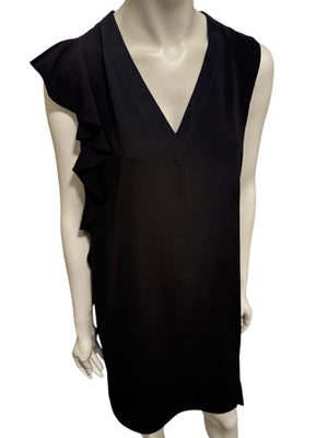 Akris Black Asymmetric Ruffle V-Neck Mini Dress – Size US 10