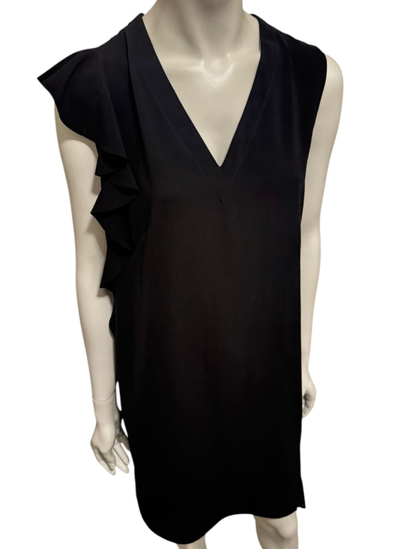 Akris Black Asymmetric Ruffle V-Neck Mini Dress – Size US 10