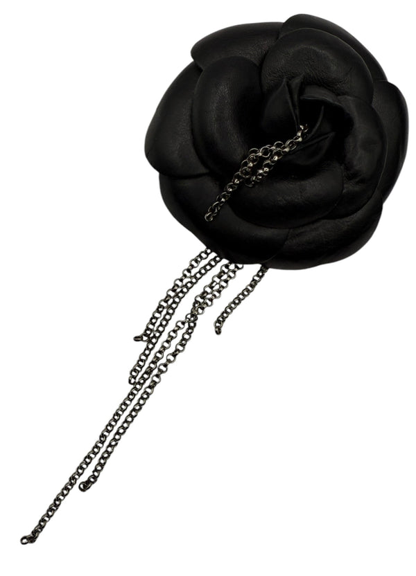 Chanel Black Leather Camellia Chain Fringe Brooch/Pin