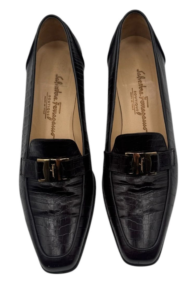 Salvatore Ferragamo Black Croc-Embossed Leather Loafers with Gold Gancini – Size 10.5 B (Made in Italy)