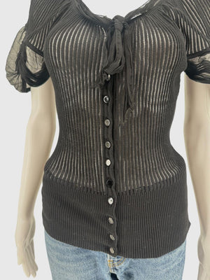 Jean Paul Gaultier Black Ribbed Sheer Top with Puff Sleeves - S