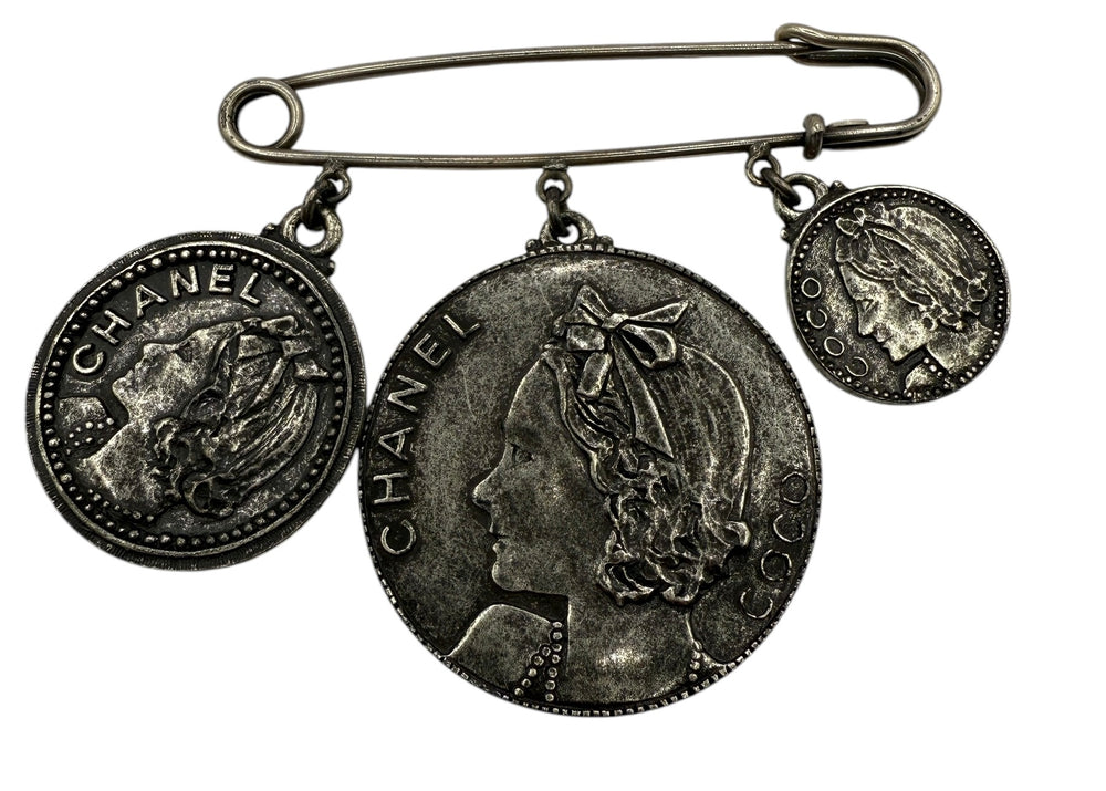 Chanel Gunmetal Silver Coin Pin Brooch