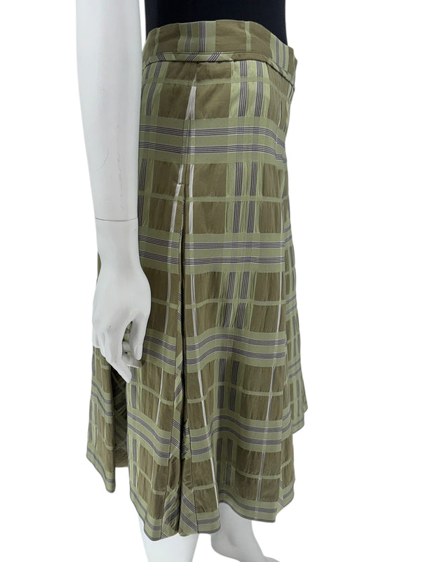 Burberry Matcha Green & Beige Plaid Cotton & Silk Pleated Skirt - Size US 12