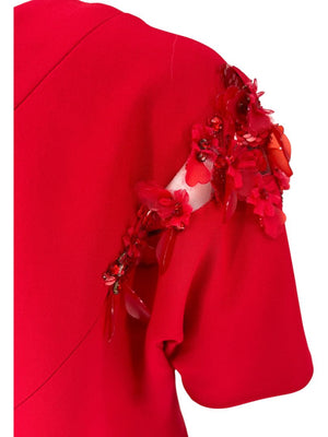 Pamella Roland Red Asymmetrical Floral Embellished Sheath Dress
