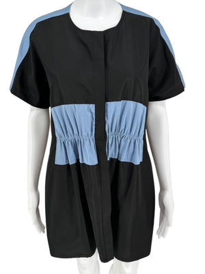Pamella Roland Black & Blue Colorblock Gathered Waist Dress