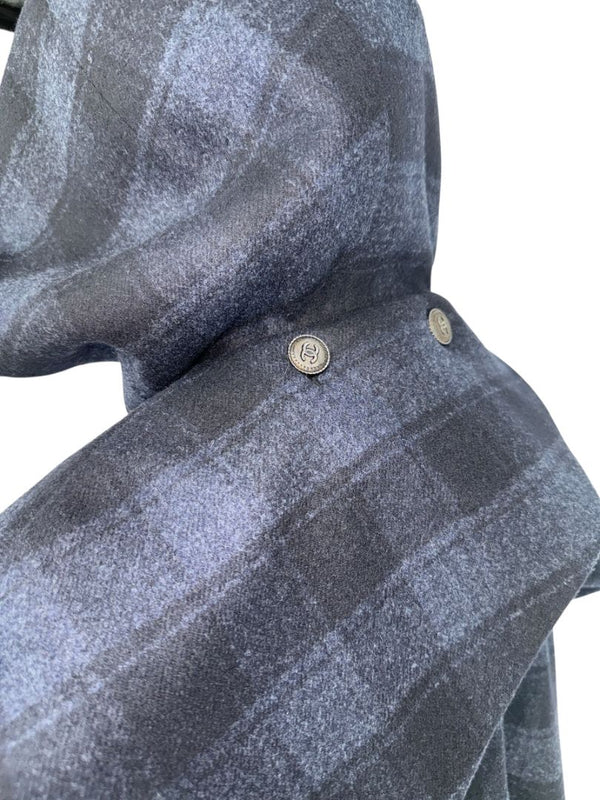Chanel Navy & Black Plaid Wool Hooded Cape with Logo Buttons – Size FR 44 - *RARE*