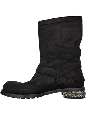 Jimmy Choo Black Suede Buckle Boots with Crystal Heels – Size 39.5