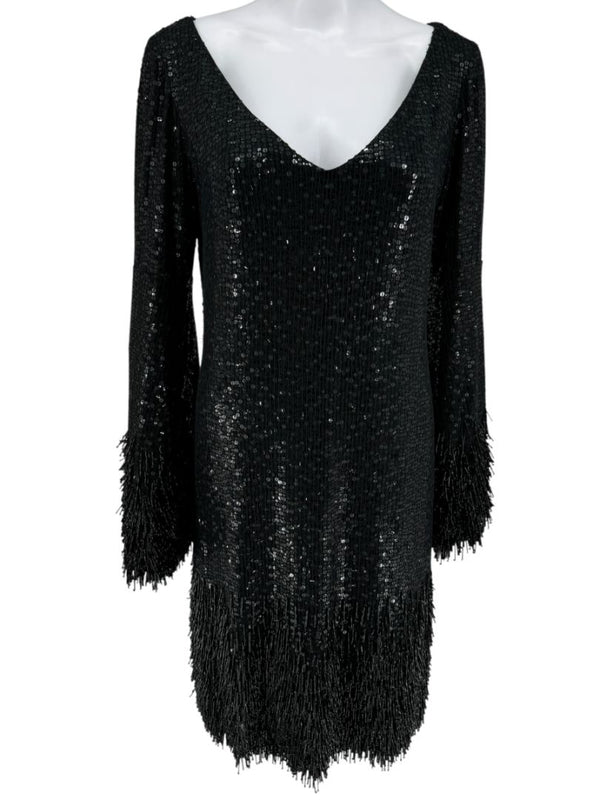 Pamella Roland Black Sequin Fringe Cocktail Dress – Large