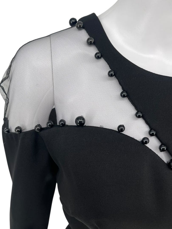 Pamella Roland Black Illusion Cutout Sheath Dress with Beaded Trim – Large