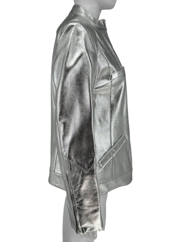 Pamella Roland Silver Metallic Leather Moto Jacket – Size 8