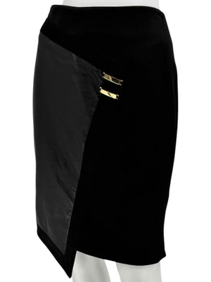 Pamella Roland Black Skirt with Leather Panel & Gold Zipper - Large