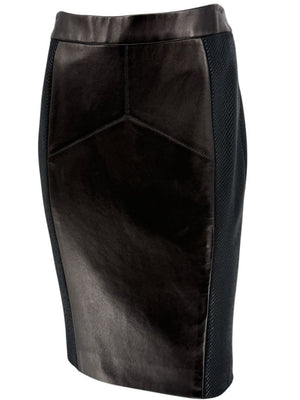 Pamella Roland Black Leather & Textured Knit Pencil Skirt – Large