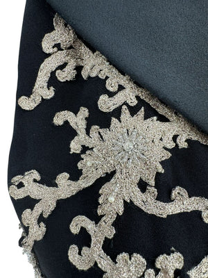 Pamella Roland Black One-Shoulder Gown with Embroidered Gold Appliqué - Large