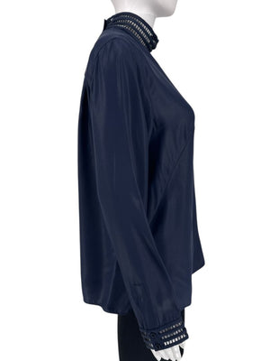 Akris Navy Mulberry Silk Blouse with Jewelry Trim – Size US 8 / FR 40 / DE 38