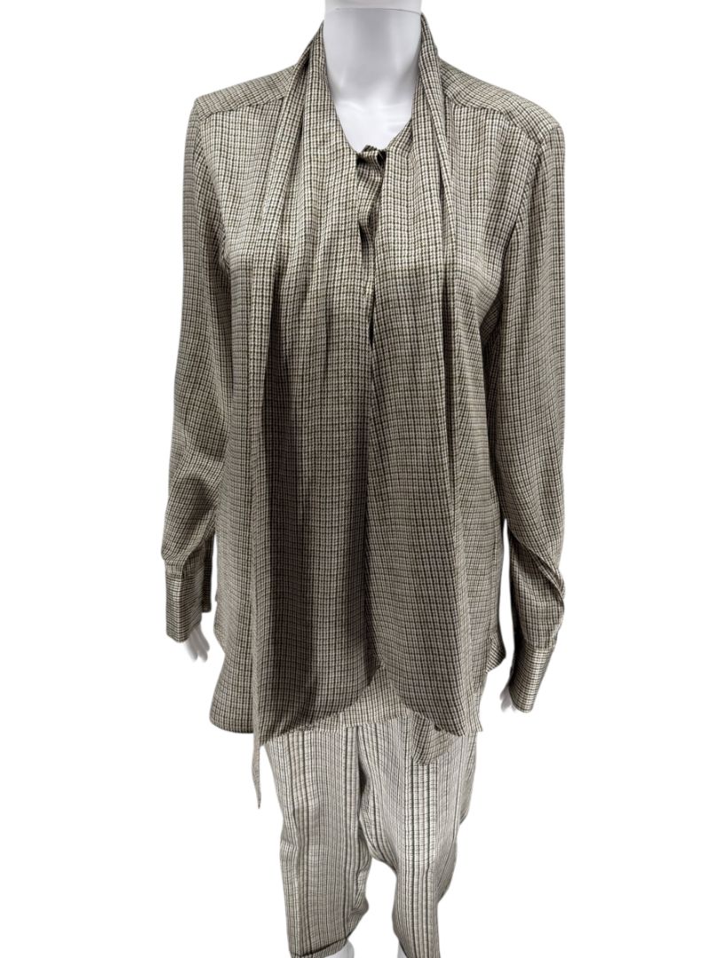 Kiton Olive & Taupe Silk Houndstooth Blouse and Pant Set – Size 46 (Fits M/L)