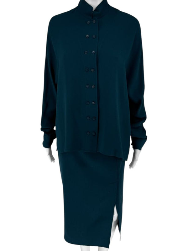 Akris Teal Double-Breasted Blouse & Skirt Set – Size 6 Top / Size 10 Skirt
