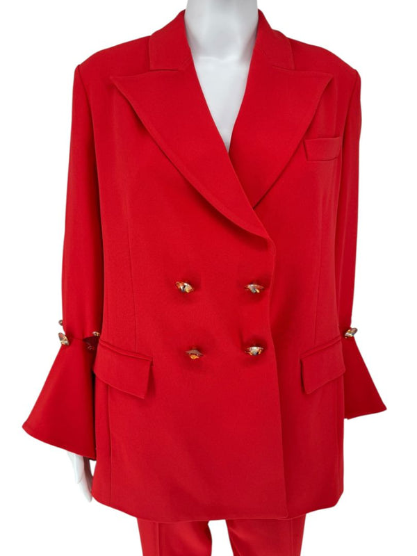 Pamella Roland Red Crystal-Embellished Double-Breasted Pant Suit – Large