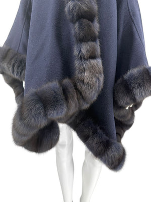 Pamella Roland Navy Cashmere Blend Cape with Genuine Fur Trim - One Size