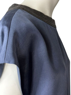 Brunello Cucinelli Navy Silk Shift Dress with Contrast Trim – Size XL- NEW