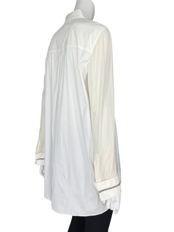 Brunello Cucinelli White Long Sleeve Blouse with Monili Trim Cuffs – Size XL