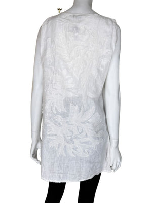 Fendi White Linen Sleeveless Tunic with Textured Floral Appliqué – Size L