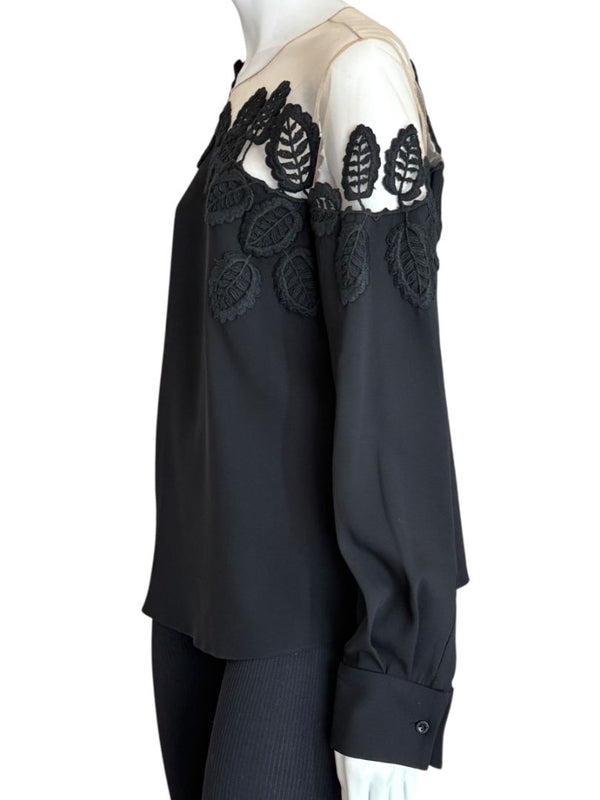 Oscar de la Renta Resort 2019 Black Silk Embroidered Illusion Neck Blouse – Size 8 - NWT