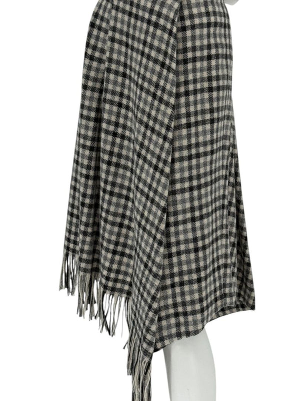 Brunello Cucinelli Black & Ivory Checked Wool Skirt with Fringe Hem – Size IT 44 (US 8)