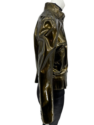 Burberry London Metallic Olive Green Leather Jacket – Size UK 12 / US 10