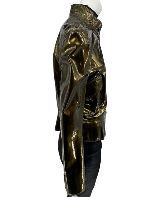 Burberry London Metallic Olive Green Leather Jacket – Size UK 12 / US 10