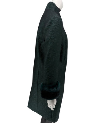 Pamella Roland Emerald Green Jacquard Coat with Fur-Trimmed Sleeves – Large