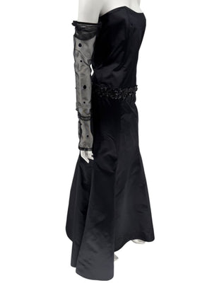 Pamella Roland Black Strapless Evening Dress Embellished Waist Sheer Sleeve Formal Gown - Size 6