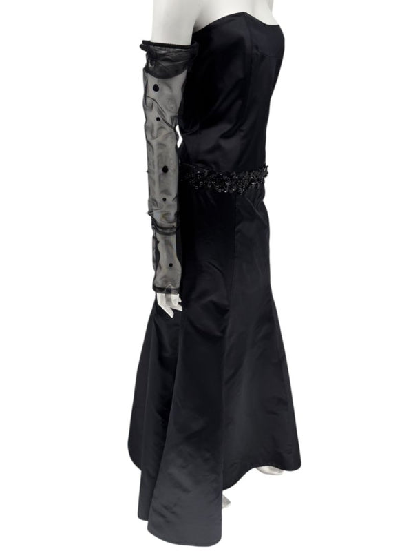 Pamella Roland Black Strapless Evening Dress Embellished Waist Sheer Sleeve Formal Gown - Size 6