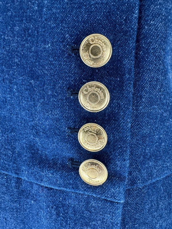 Christian Dior Boutique Blue Denim Midi Skirt with Gold Buttons – Size 14