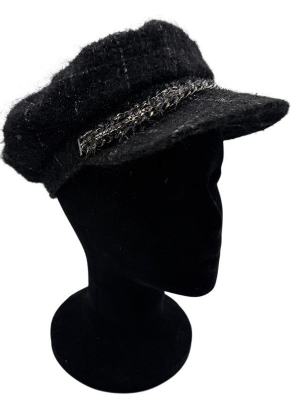 CHANEL Black Tweed Newsboy Cap with Signature Chain Trim