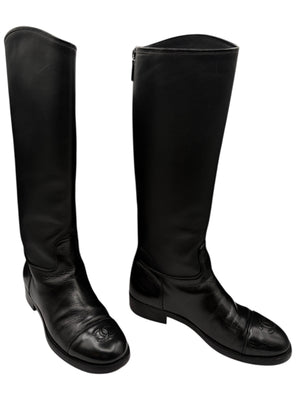 Chanel CC Captoe Black Leather Riding Boots – Size 36.5